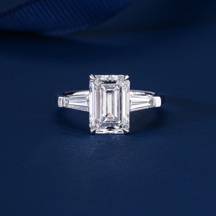 3.1 Carat Engagement Ring Emerald Cut Lab Grown Diamond Three Stone Engagement Ring