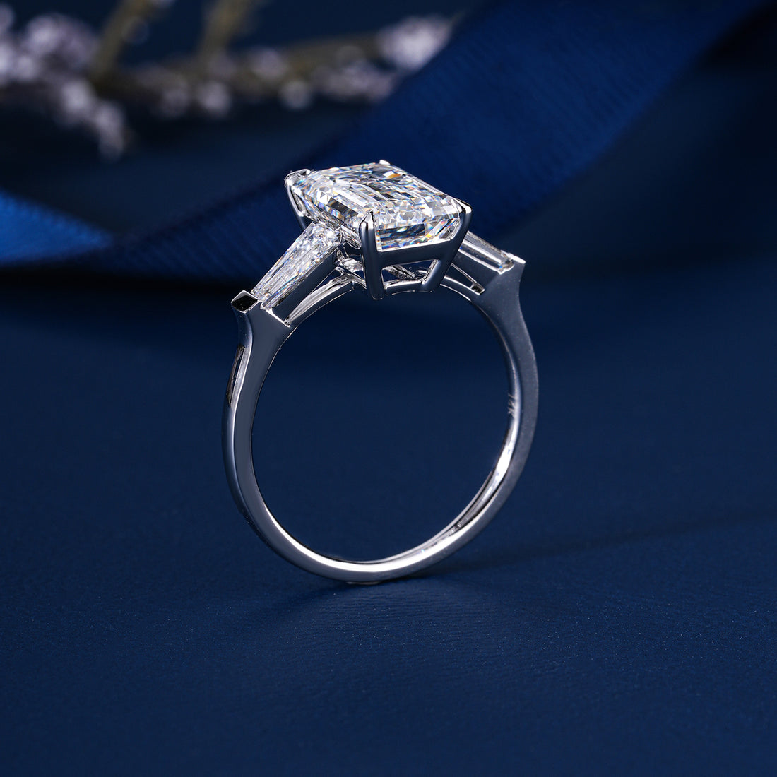 3.1 Carat Engagement Ring Emerald Cut Lab Grown Diamond Three Stone Engagement Ring