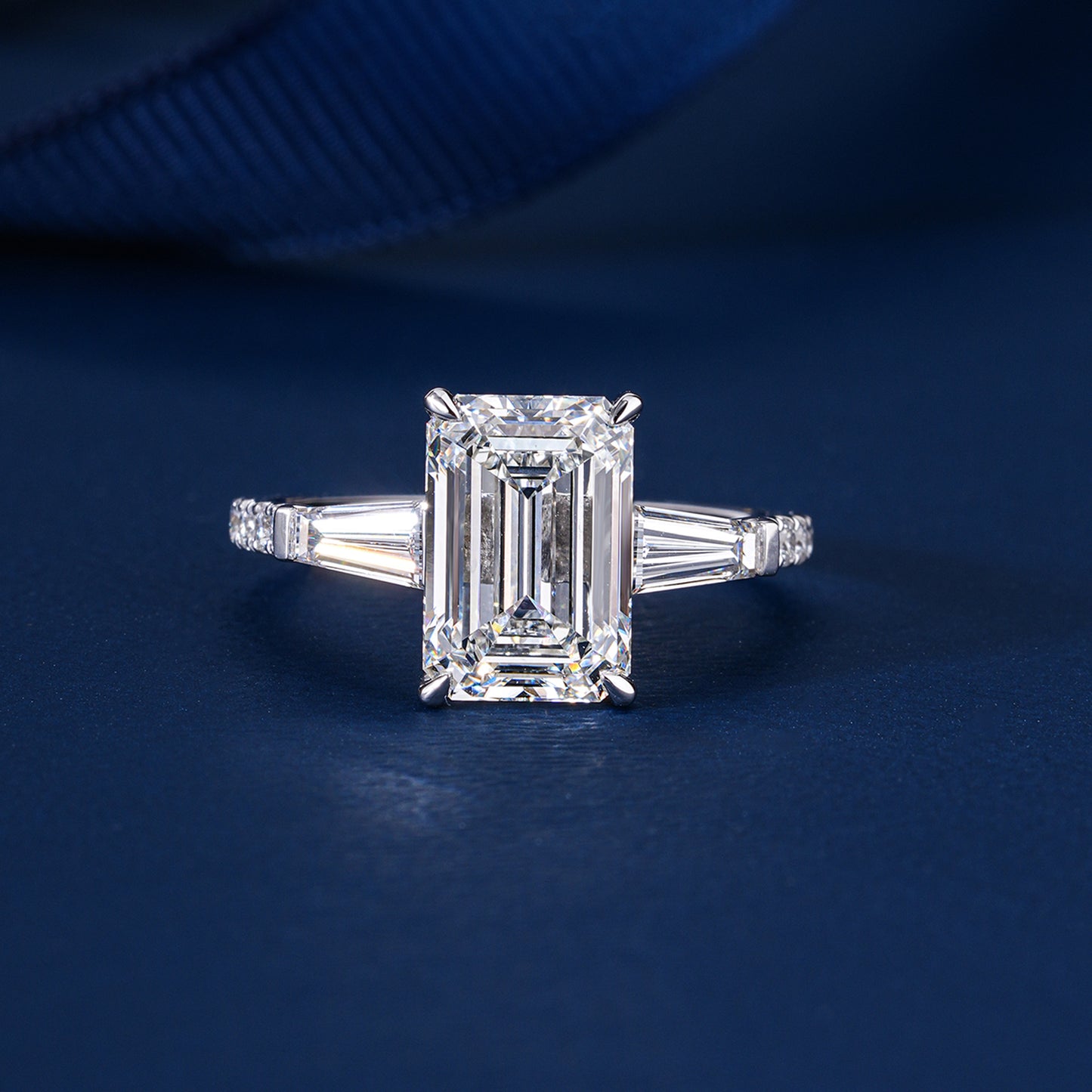 3.00 CT Emerald Cut Diamond Trilogy Ring Baguette Accent Diamond Engagement Ring