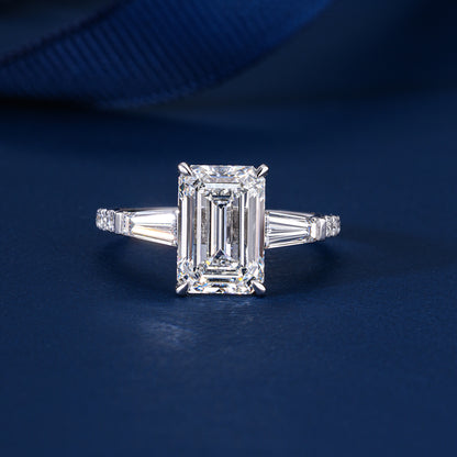 3.00 CT Emerald Cut Diamond Trilogy Ring Baguette Accent Diamond Engagement Ring