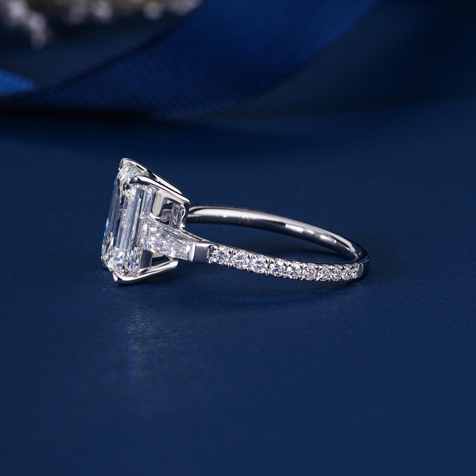 3.10 CT Emerald Cut Diamond Trilogy Ring Baguette Accent Diamond Engagement Ring