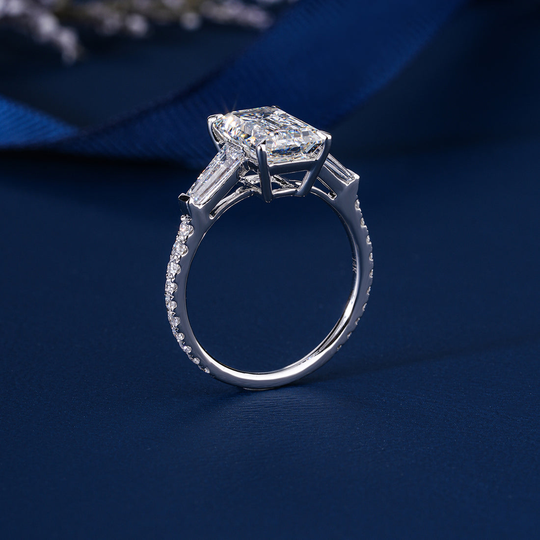 3.10 CT Emerald Cut Diamond Trilogy Ring Baguette Accent Diamond Engagement Ring