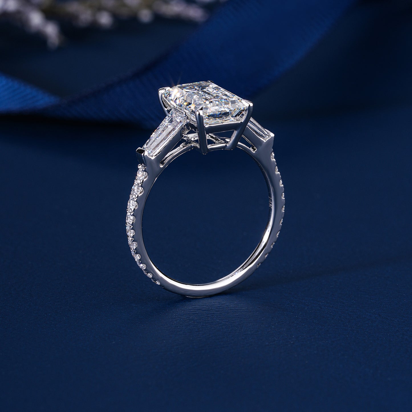 3.00 CT Emerald Cut Diamond Trilogy Ring Baguette Accent Diamond Engagement Ring