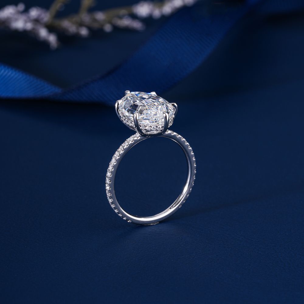 7.48 TCW Step-Cut Oval Diamond Engagement Ring, 14K 18K Solid Gold Pave Ring, 6.5 Carat Lab Grown Diamond Statement Ring, Jumbo Oval Ring