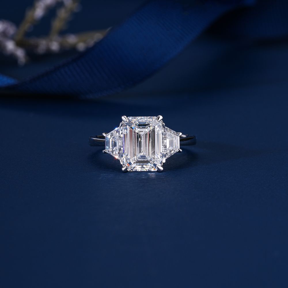 3 CT Emerald Cut Three Stone Art Deco Style Engagement Ring