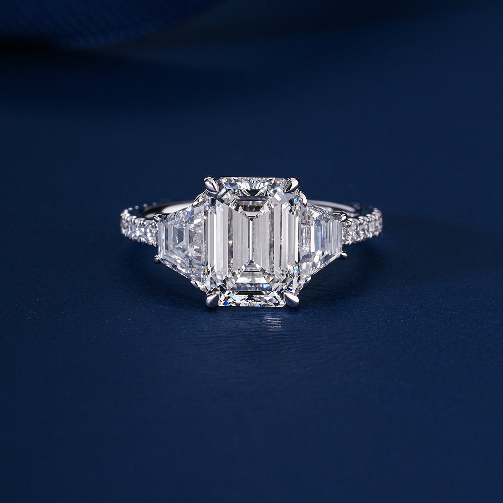 3 Carat Emerald Cut Trilogy Ring Diamond Trapezoid  Engagement Ring