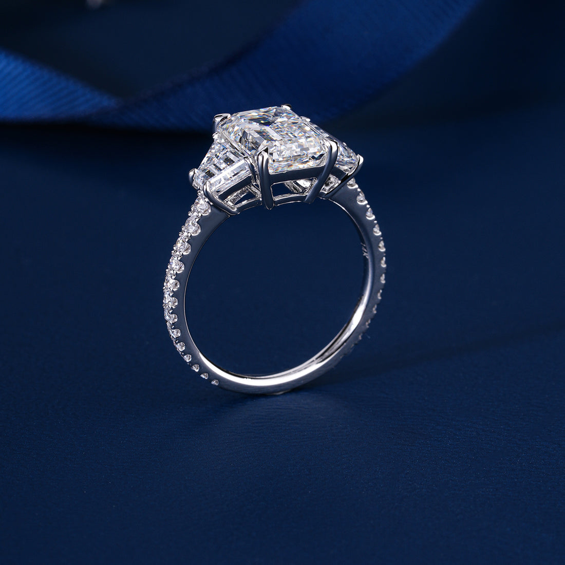 3 Carat Emerald Cut Trilogy Ring Diamond Trapezoid  Engagement Ring