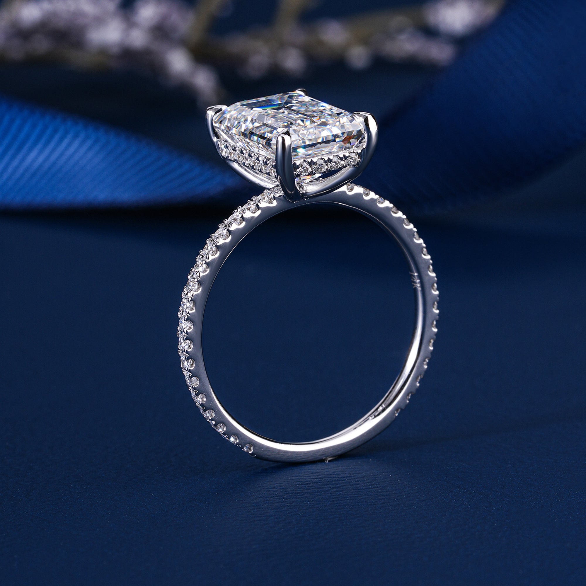 4.0  Carat Emerald Cut Diamond Hidden Halo Pave Engagement Ring