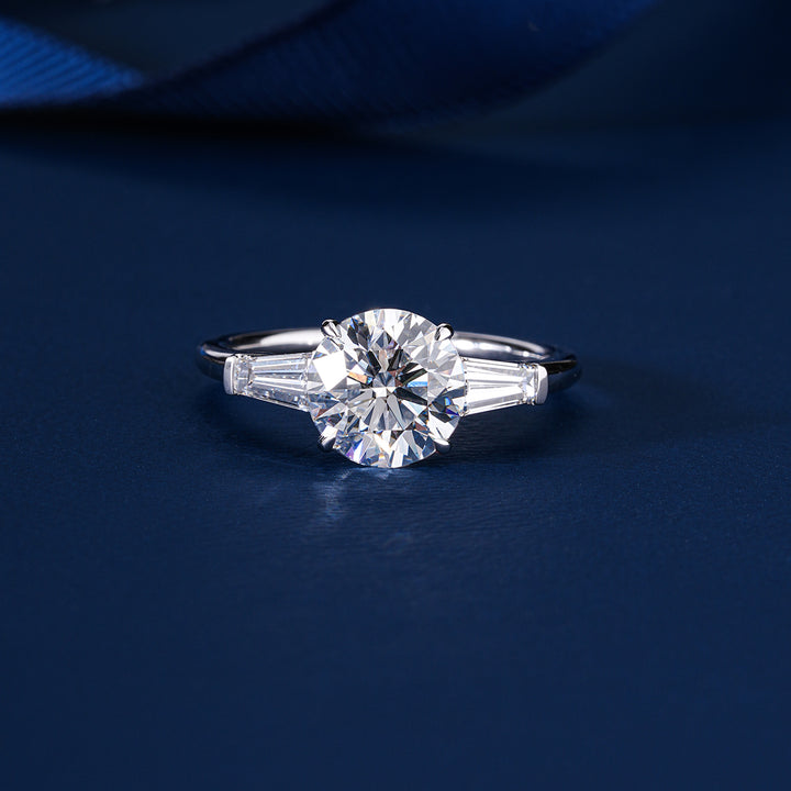 2.0 Carat Round Diamond Tapered Baguette Three Stone Classic Engagement Ring