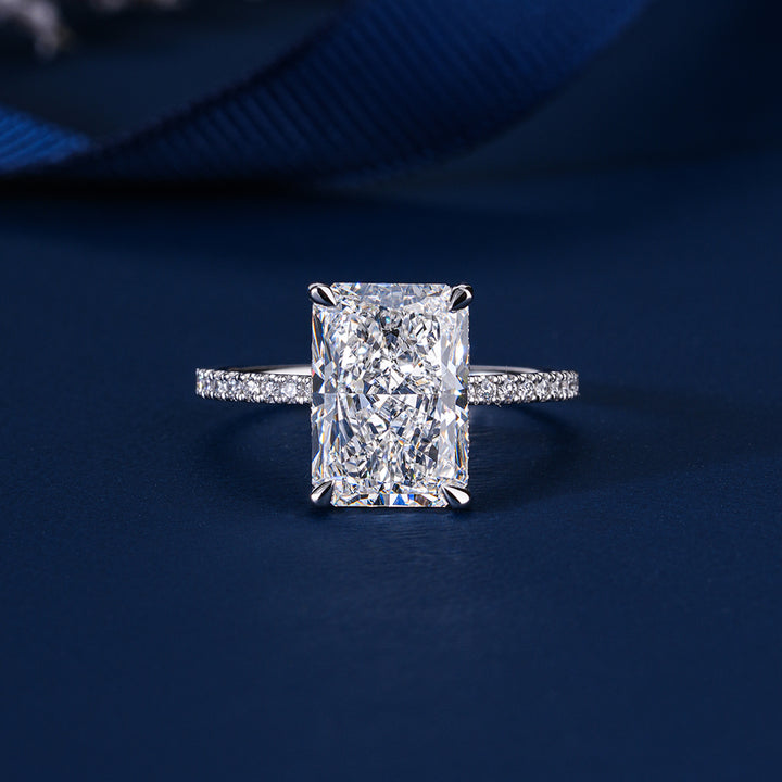4 Carat Radiant Cut Diamond Ring Hidden Halo Elongated Engagement Ring