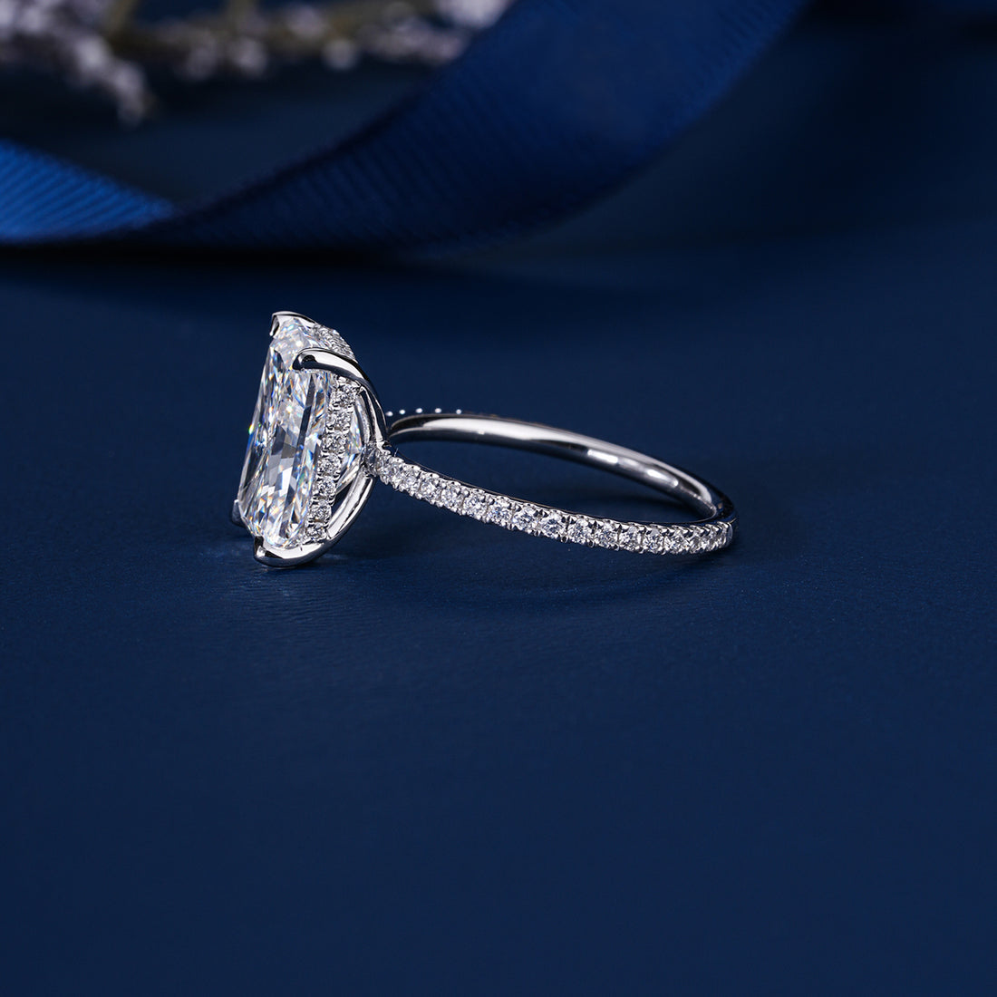 4 Carat Radiant Cut Diamond Ring Hidden Halo Elongated Engagement Ring