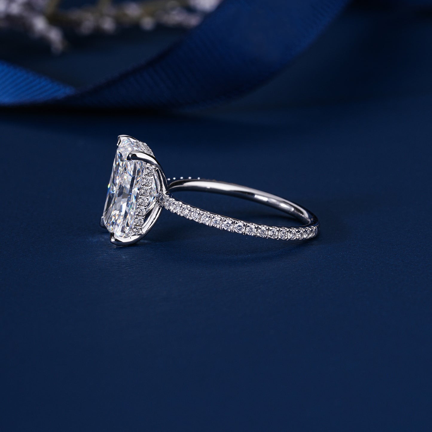 4.00 Carat Radiant Cut Diamond Ring Hidden Halo Elongated Engagement Ring