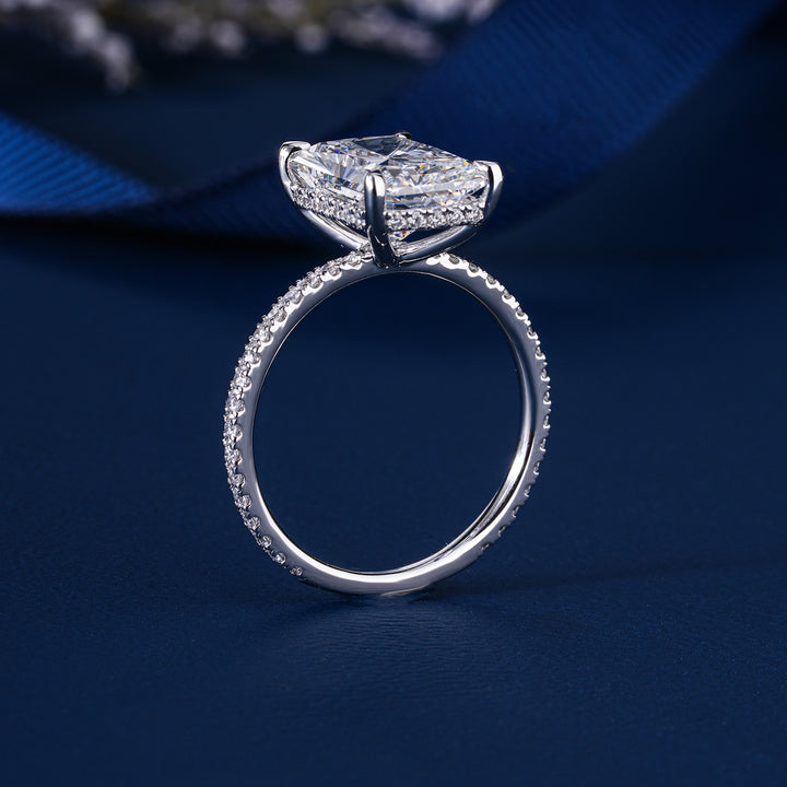4 Carat Radiant Cut Diamond Ring Hidden Halo Elongated Engagement Ring