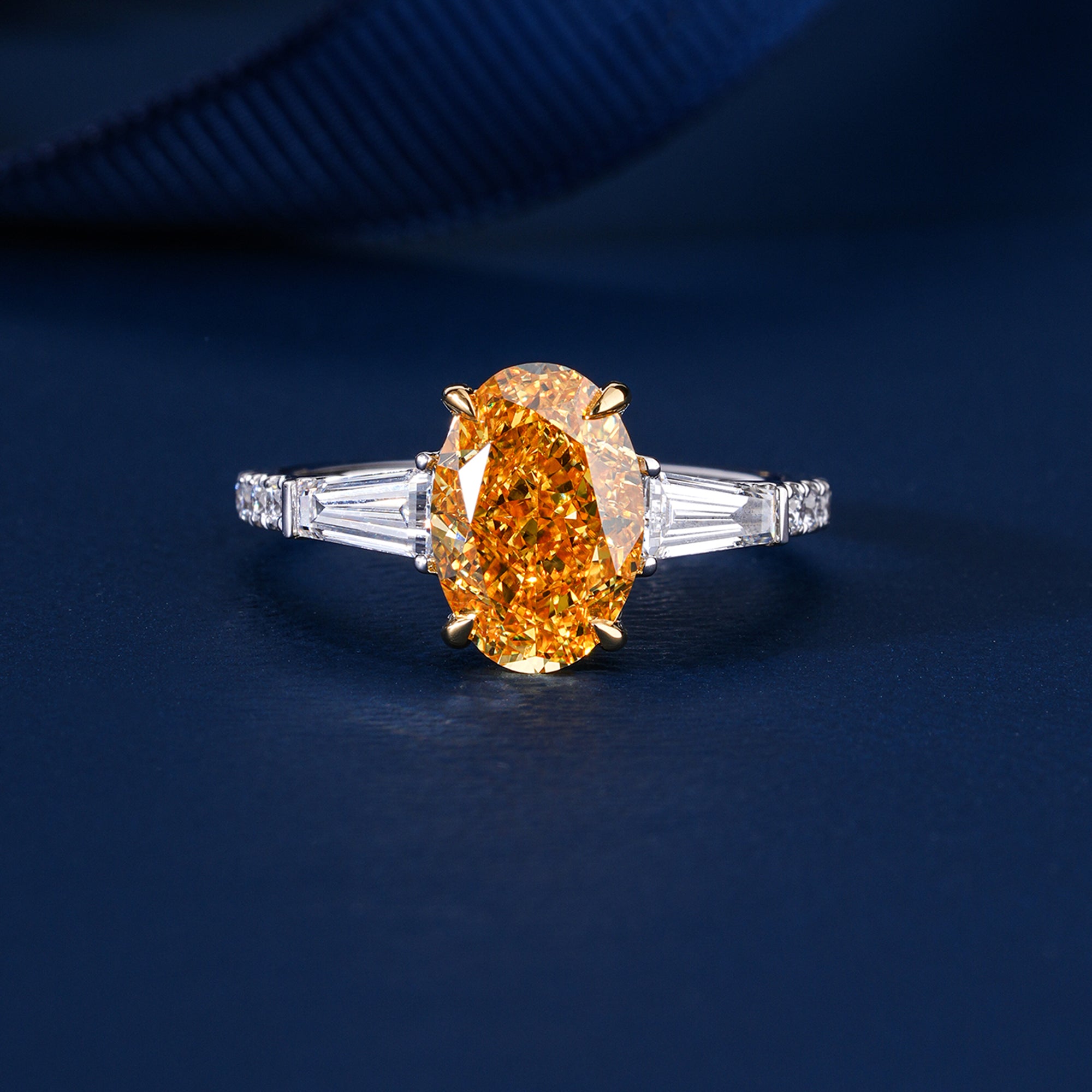 3.00 CT Fancy Yellow Oval Lab Grown Diamond Three Stone Unique Engagement Ring