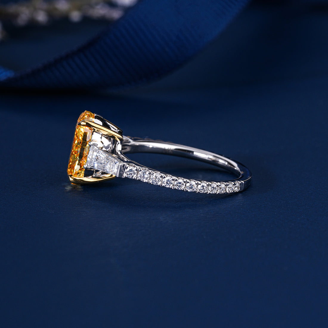 3.00 CT Fancy Yellow Oval Lab Grown Diamond Three Stone Unique Engagement Ring