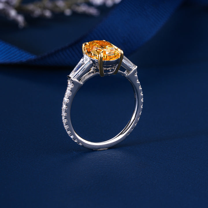 3.00 CT Fancy Yellow Oval Lab Grown Diamond Three Stone Unique Engagement Ring