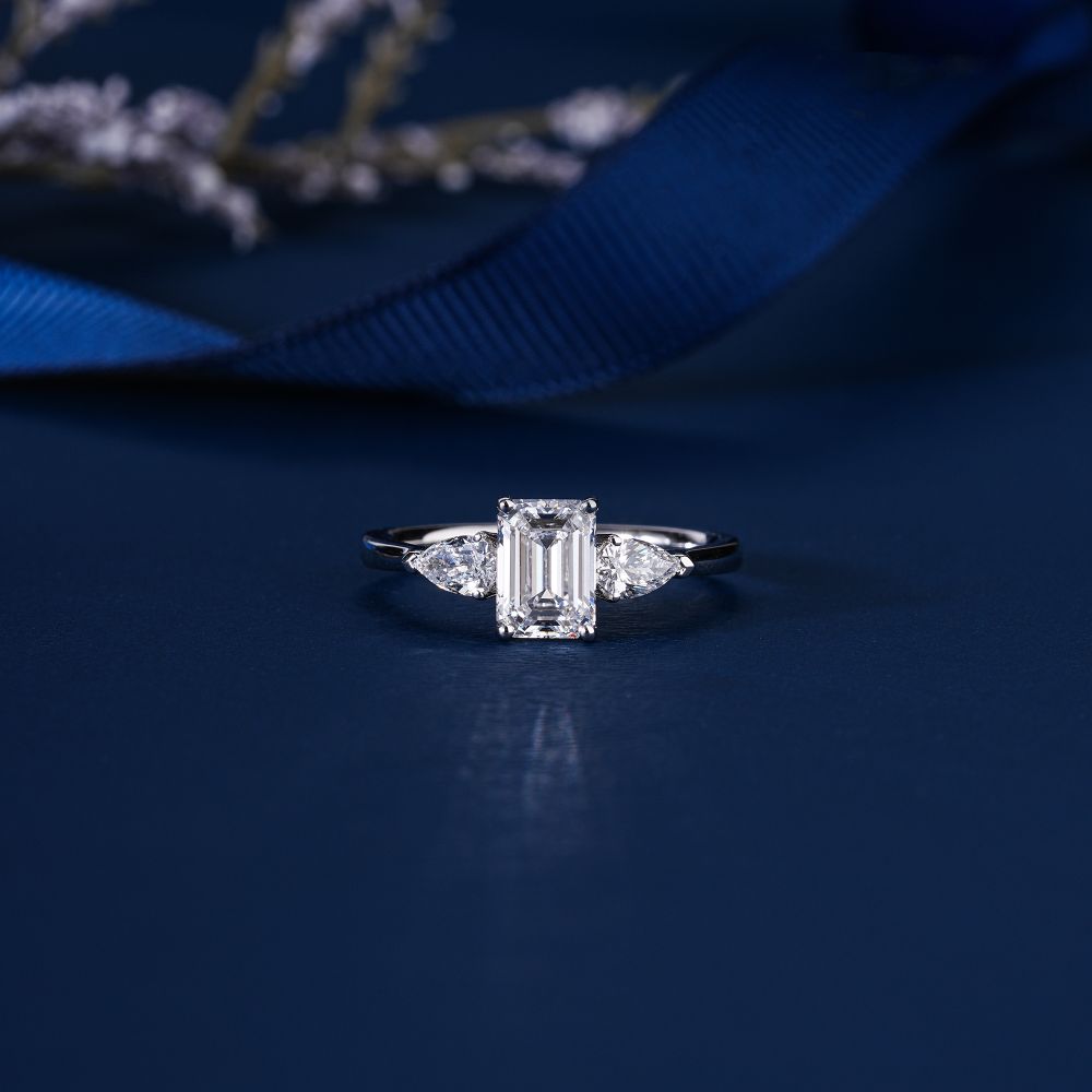1.40 CT Emerald and Pear Cut Lab Diamond Engagement Ring, 14K 18K Solid Gold Three Stone Ring, Unique Emerald Cut Bridal Ring, Promise Ring