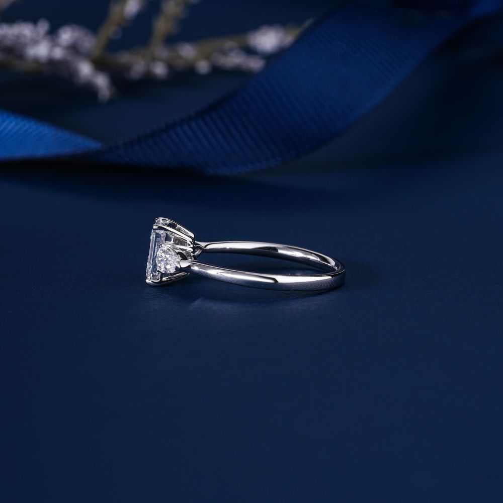 1.40 CT Emerald and Pear Cut Lab Diamond Engagement Ring, 14K 18K Solid Gold Three Stone Ring, Unique Emerald Cut Bridal Ring, Promise Ring