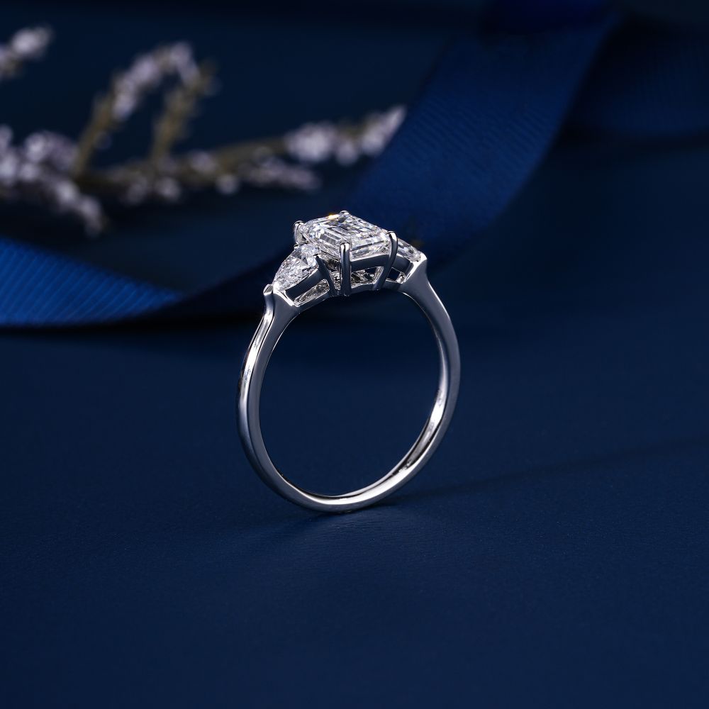 1.40 CT Emerald and Pear Cut Lab Diamond Engagement Ring, 14K 18K Solid Gold Three Stone Ring, Unique Emerald Cut Bridal Ring, Promise Ring