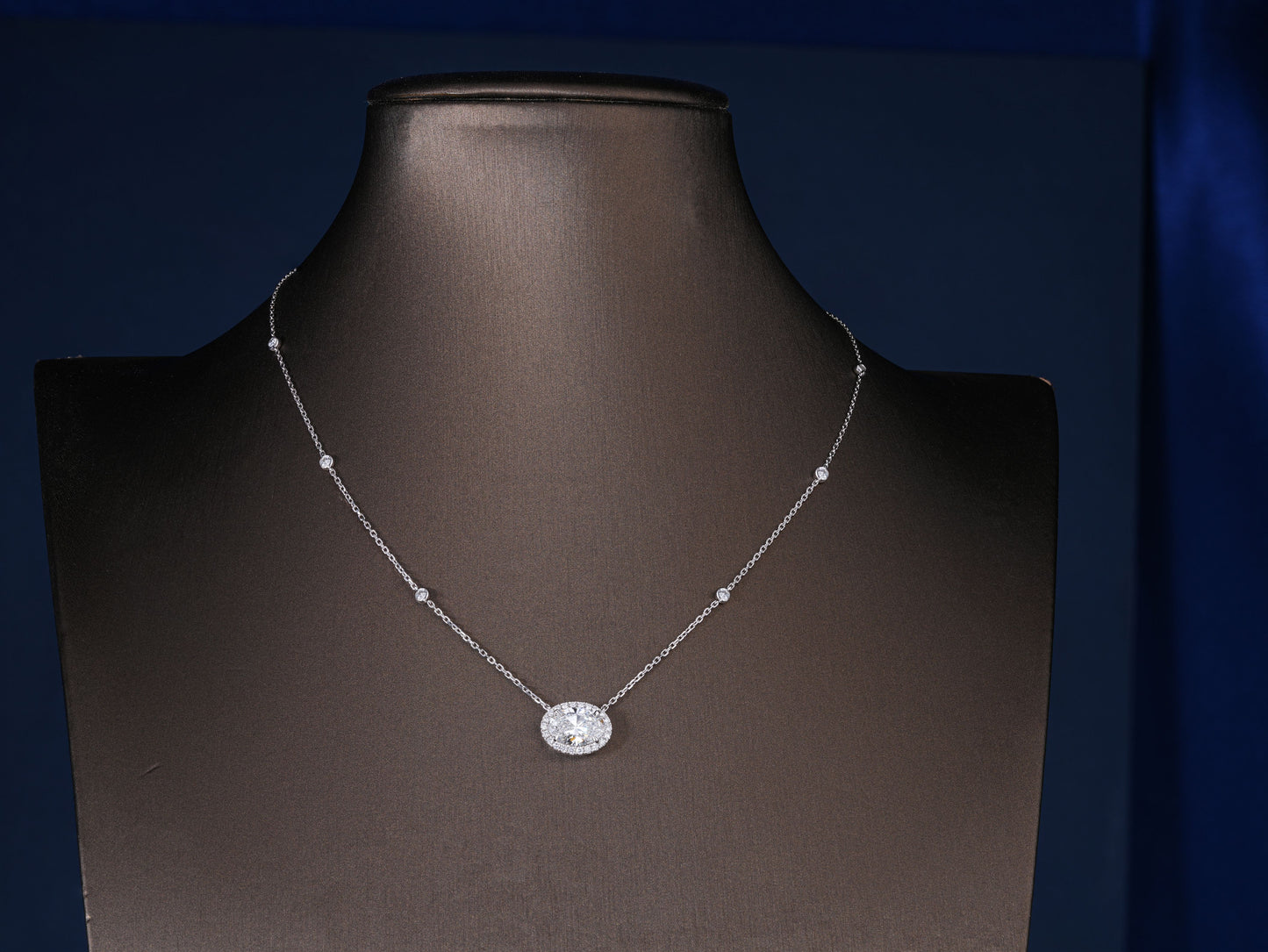 2.00 CT Oval Cut Lab Grown Halo Necklace, Bezel Set Station Chain Pendant