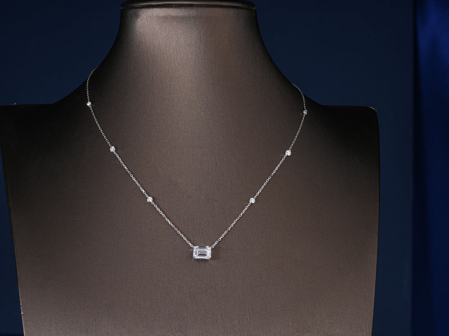 2.1 Ct Emerald Cut Lab Diamond, Halo Round Accent Stone Necklace