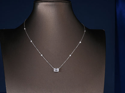 2.1 Ct Emerald Cut Lab Diamond, Halo Round Accent Stone Necklace