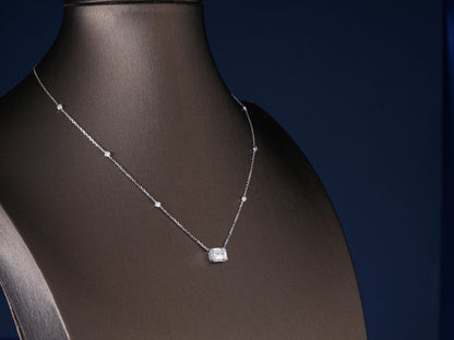 2.1 Ct Emerald Cut Lab Diamond, Halo Round Accent Stone Necklace
