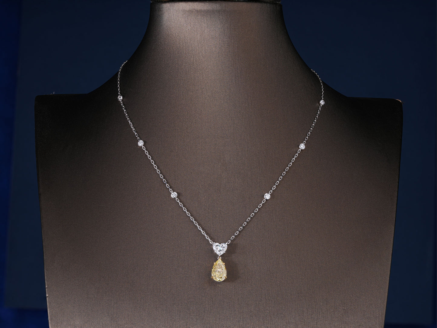 3.20 CT Fancy Yellow Pear Cut Lab Grown , Heart Diamond ,Halo Necklace