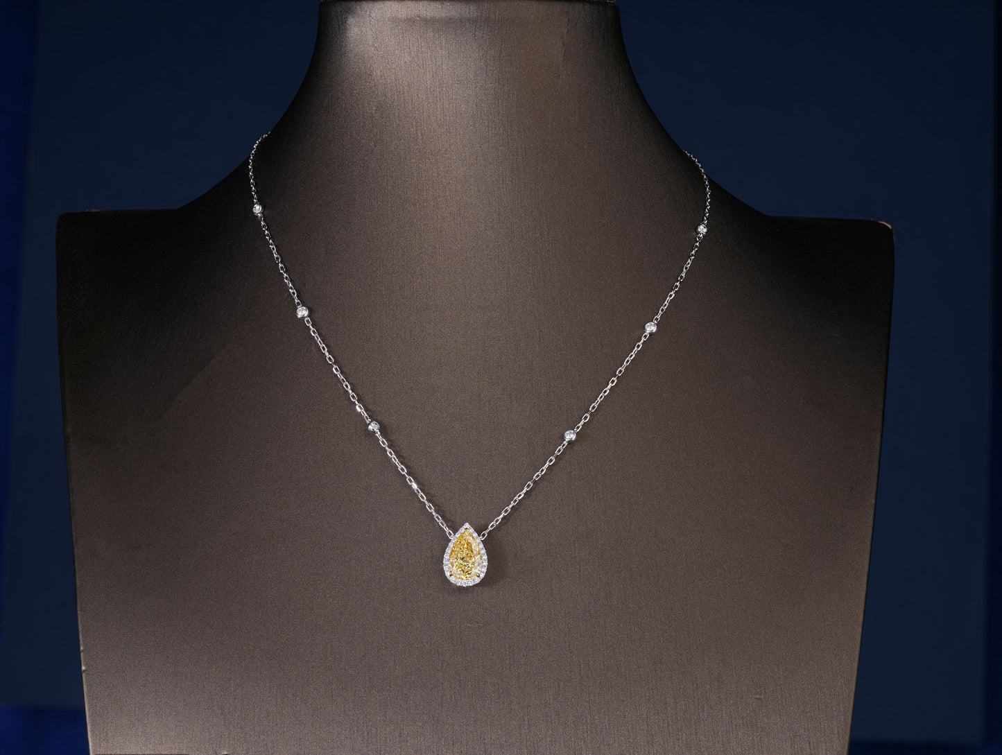 3.00 CT Pear Cut Fancy Yellow IGI Certified Necklace, Teardrop Halo Pendant