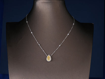 3.00 CT Pear Cut Fancy Yellow IGI Certified Necklace, Teardrop Halo Pendant