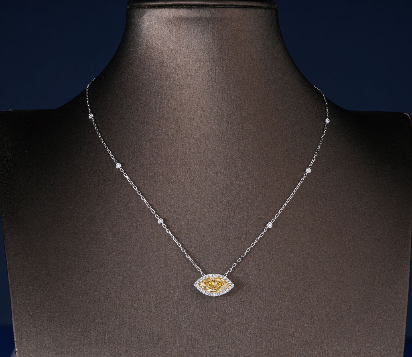 3.00 CT Marquise Cut Lab Grown Halo Necklace, Fancy Yellow East-West Pendant