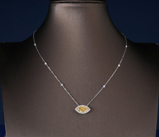 3.00 CT Marquise Cut Lab Grown Halo Necklace, Fancy Yellow East-West Pendant