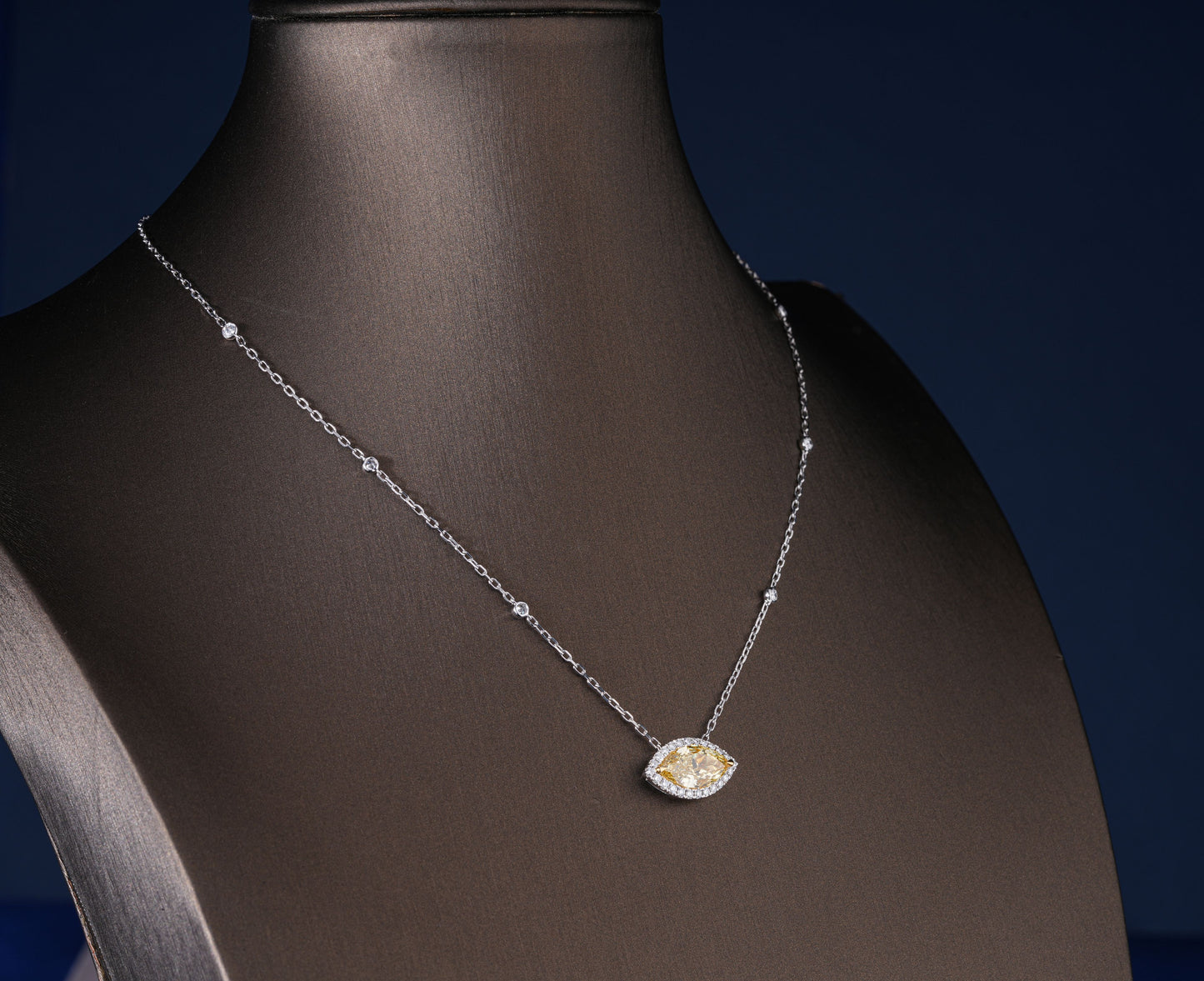 3.00 CT Marquise Cut Lab Grown Halo Necklace, Fancy Yellow East-West Pendant