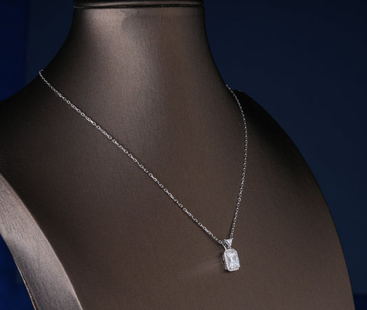 Step-Cut Rectangular Lab Diamond Style Halo Necklace, Sophisticated 2 Carat Emerald Pendant, Minimalist Bridal Jewelry