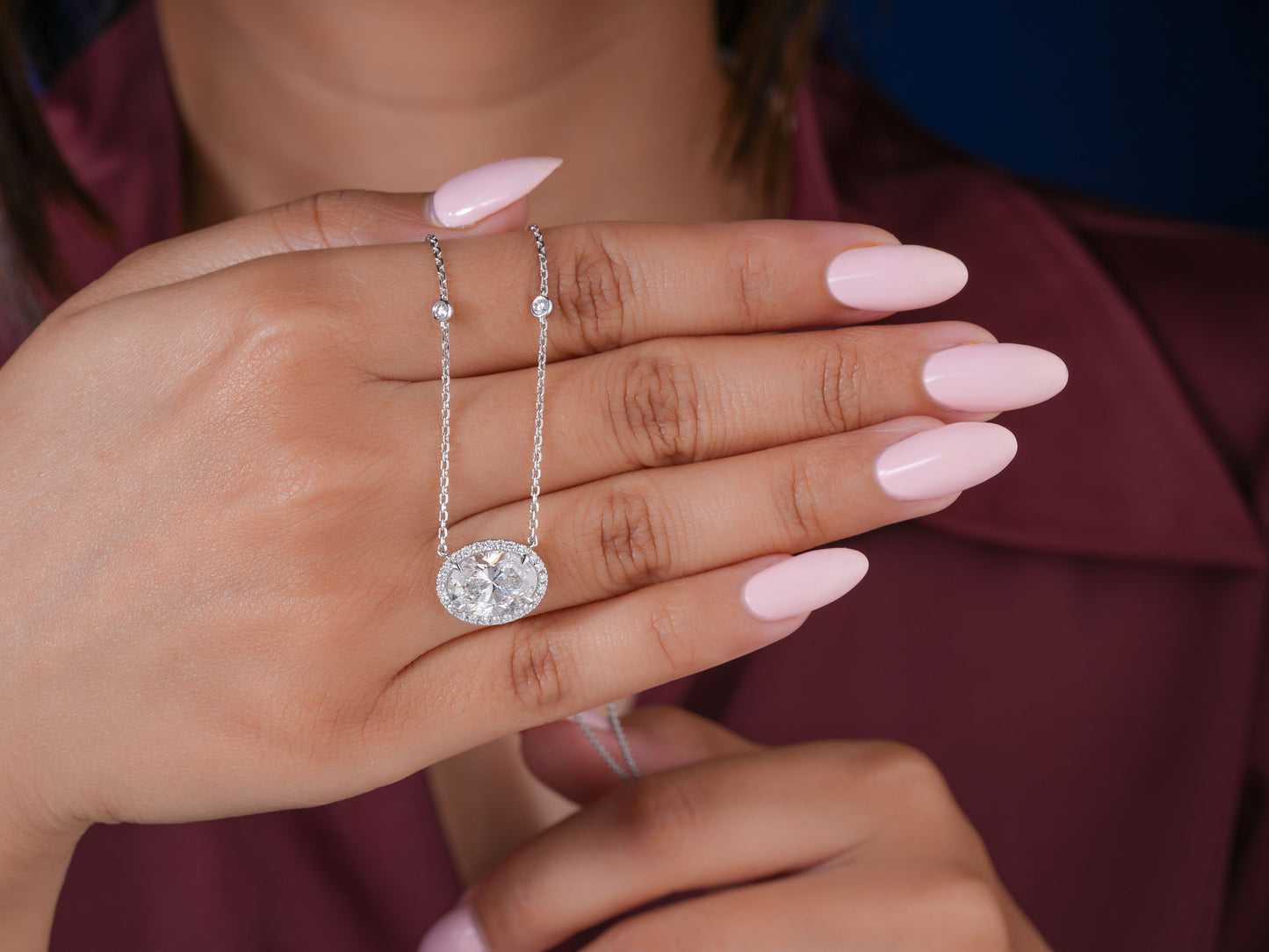 2.00 CT Oval Cut Lab Grown Halo Necklace, Bezel Set Station Chain Pendant