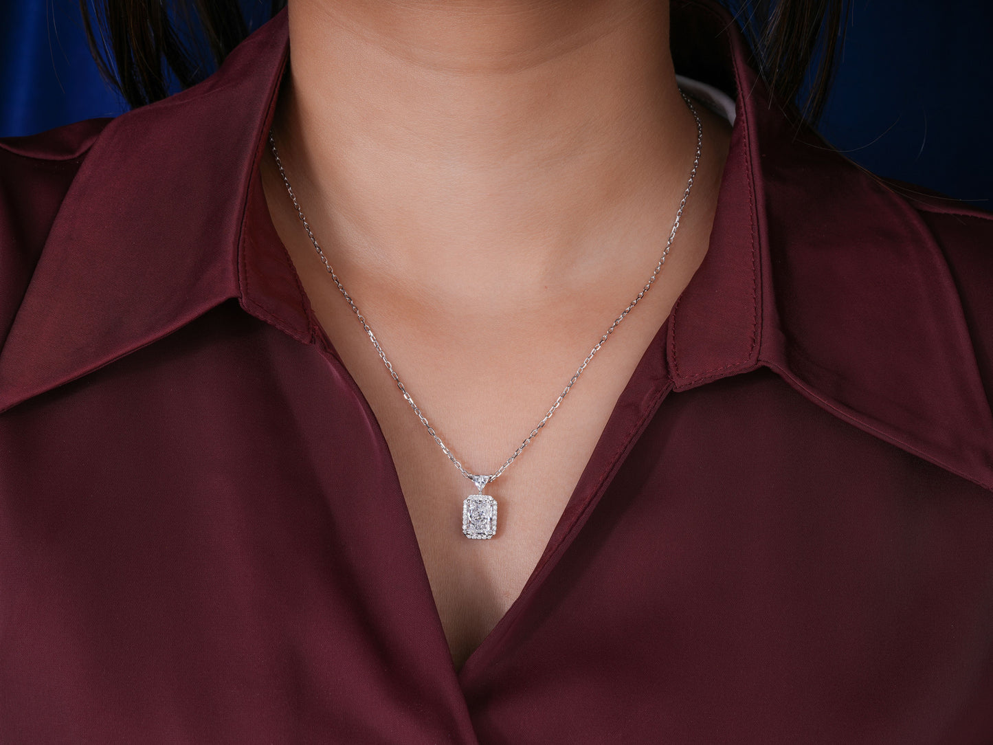 Step-Cut Rectangular Lab Diamond Style Halo Necklace, Sophisticated 2 Carat Emerald Pendant, Minimalist Bridal Jewelry