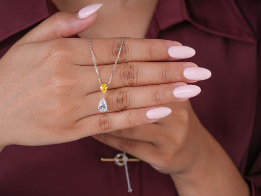1.1 TCW Pear Cut IGI Certified Two-Tone Canary Yellow & White Teardrop Pendant