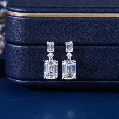7.50 TCW Emerald and Round Cut Lab Grown Diamond Dangle Earrings
