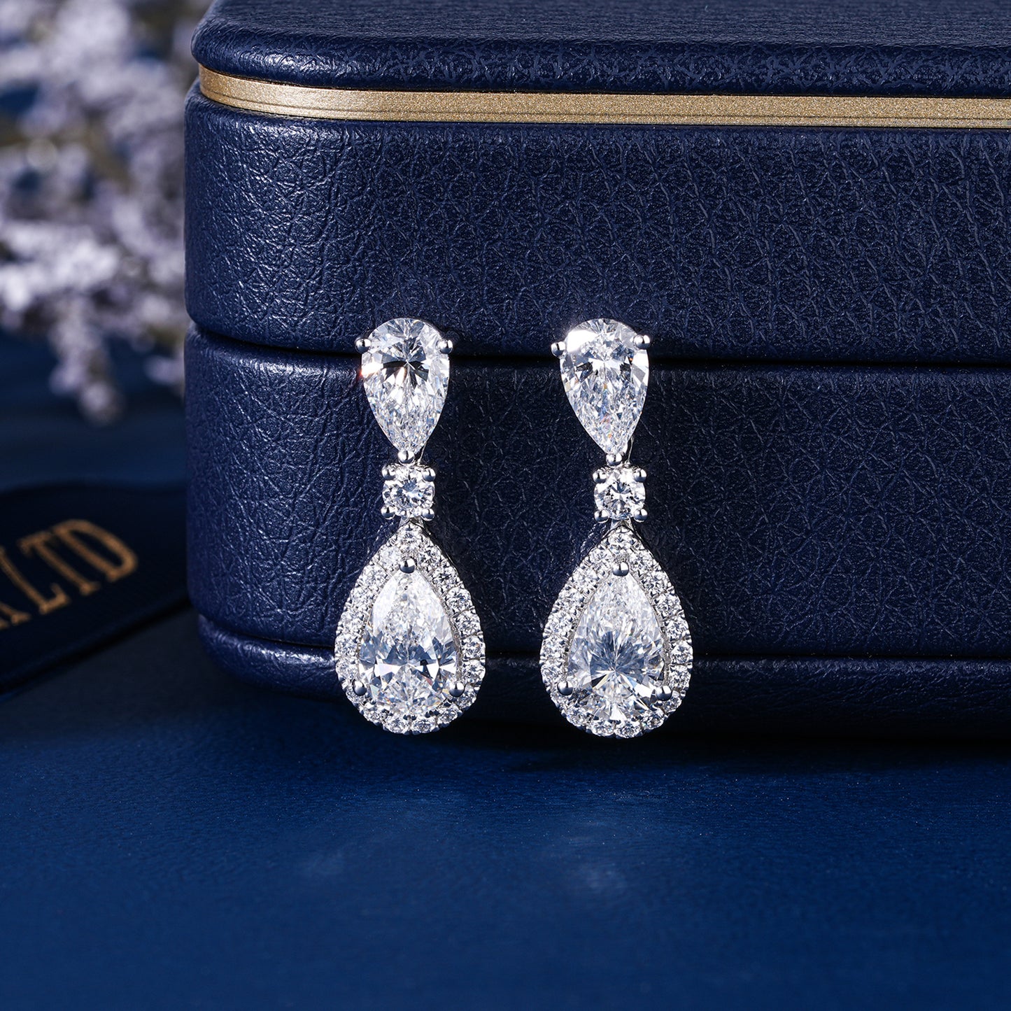 4.0 TCW Pear Cut Lab Grown Diamond Halo Dangle Earrings