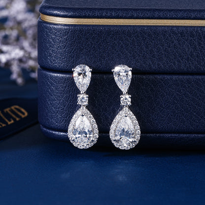 4.0 TCW Pear Cut Lab Grown Diamond Halo Dangle Earrings