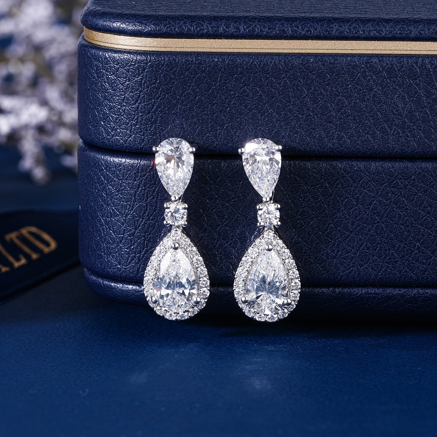 4.0 TCW Pear Cut Lab Grown Diamond Halo Dangle Earrings