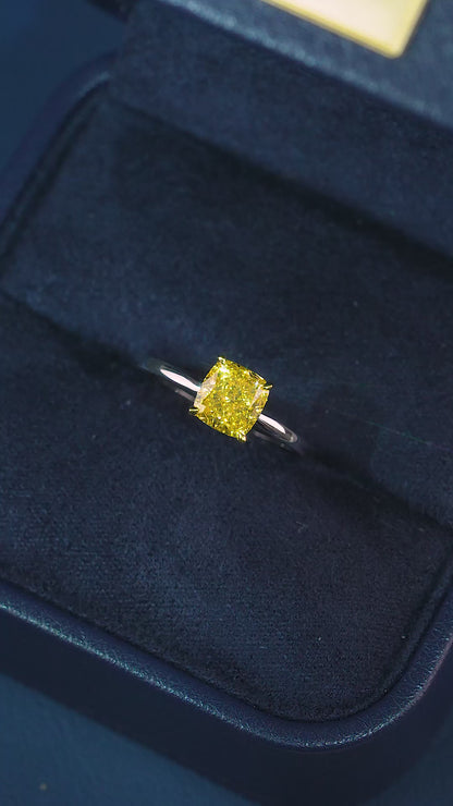 1.50 CT Cushion Fancy Yellow Lab Grown Diamond Solitaire Ring