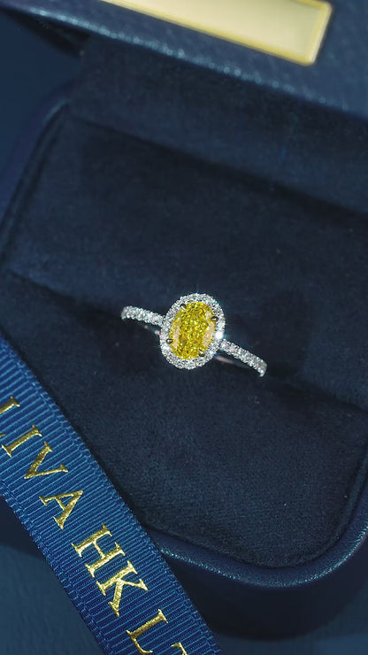 1.00 CT Fancy Yellow Oval Lab Grown Diamond Halo Classic Pave Engagement Ring